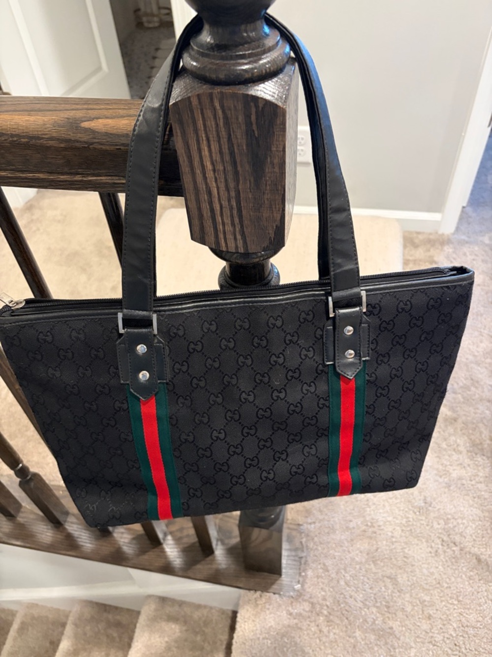 Gucci Black GG Canvas Tote with Signature Green and Red Web